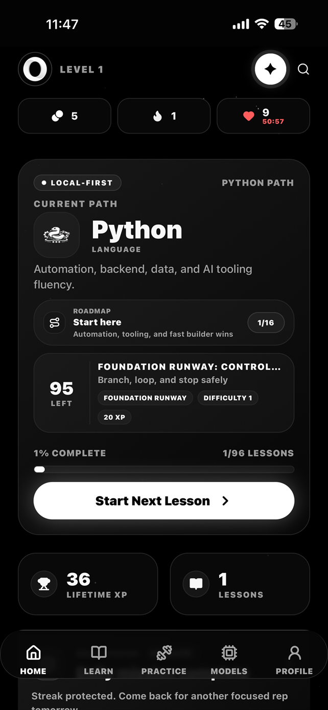 Ouxa app home screen showing the Python learning path